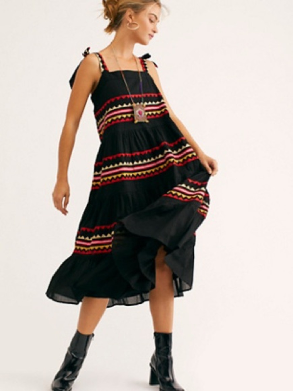 Carolina K Black Tiered Midi Dress with Colorful Embroidered Stripes